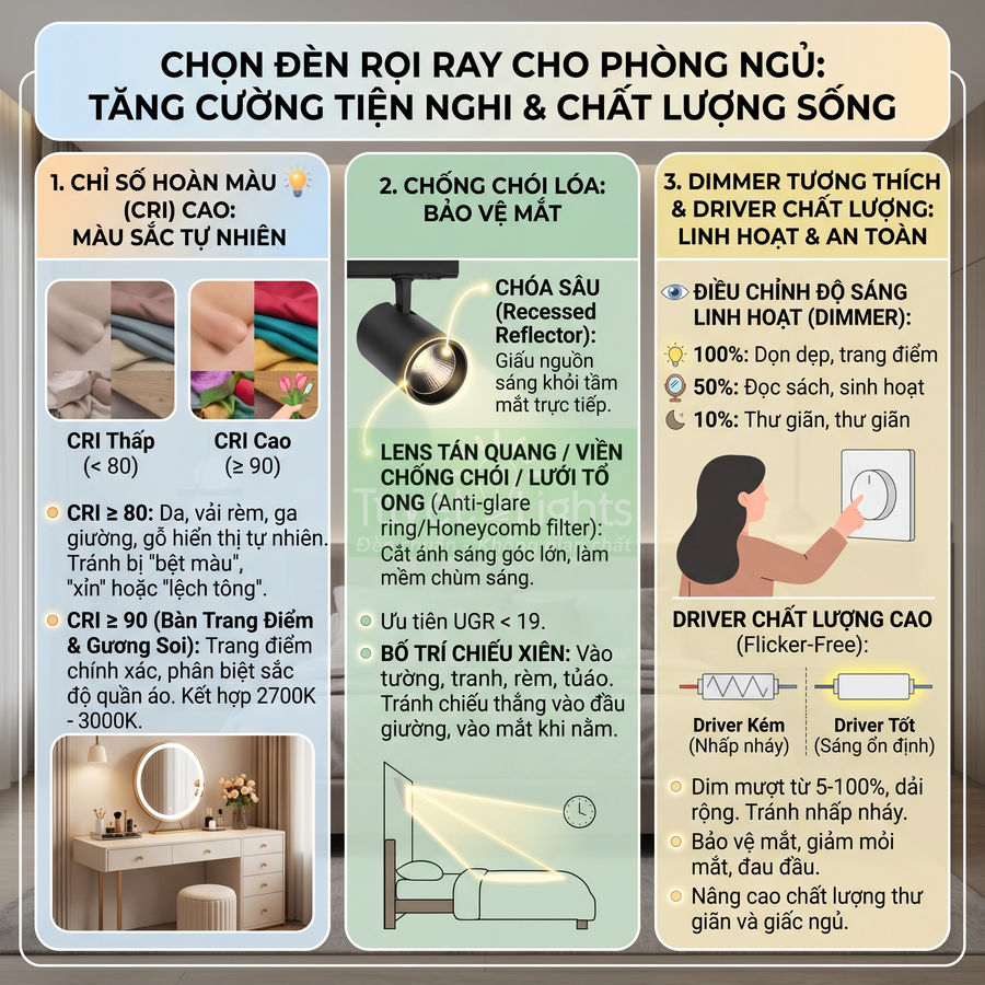 Infographic hướng dẫn chọn đèn rọi ray phòng ngủ với ví dụ chiếu sáng bàn trang điểm và giường ngủ