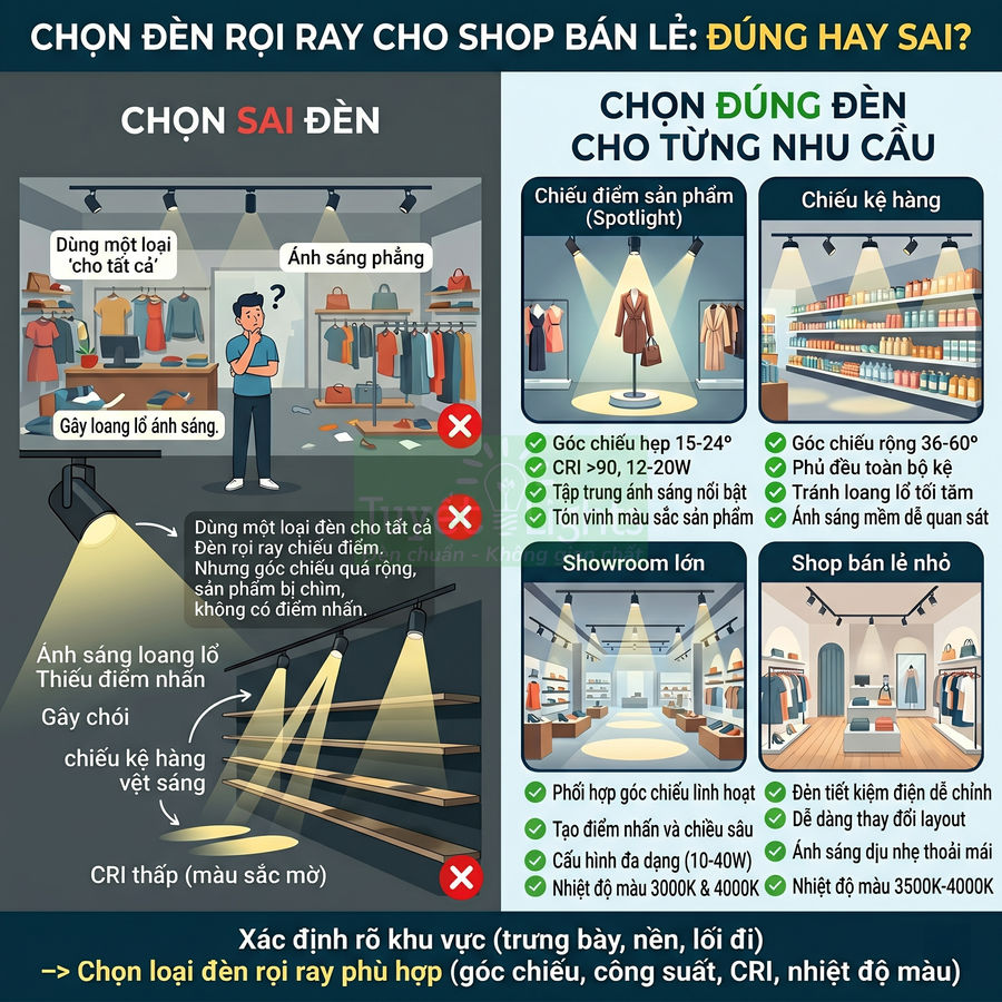 Infographic hướng dẫn chọn đèn rọi ray cho shop bán lẻ, so sánh cách chọn sai và đúng theo từng khu vực trưng bày
