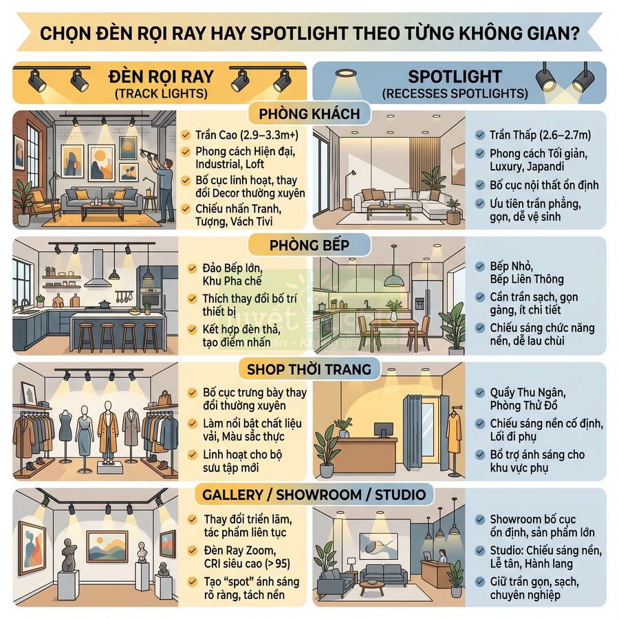 So sánh đèn rọi ray và đèn spotlight cho phòng khách, bếp, shop thời trang, gallery showroom studio