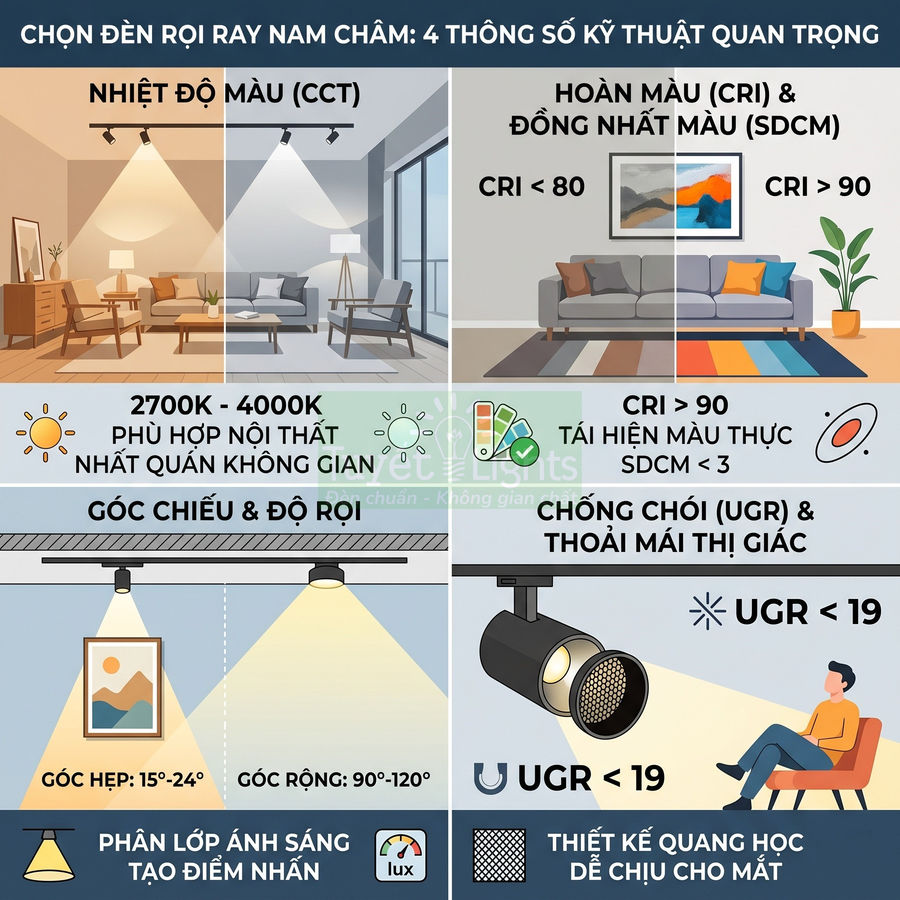 Infographic hướng dẫn chọn đèn rọi ray nam châm với các thông số nhiệt độ màu, CRI, góc chiếu và chống chói