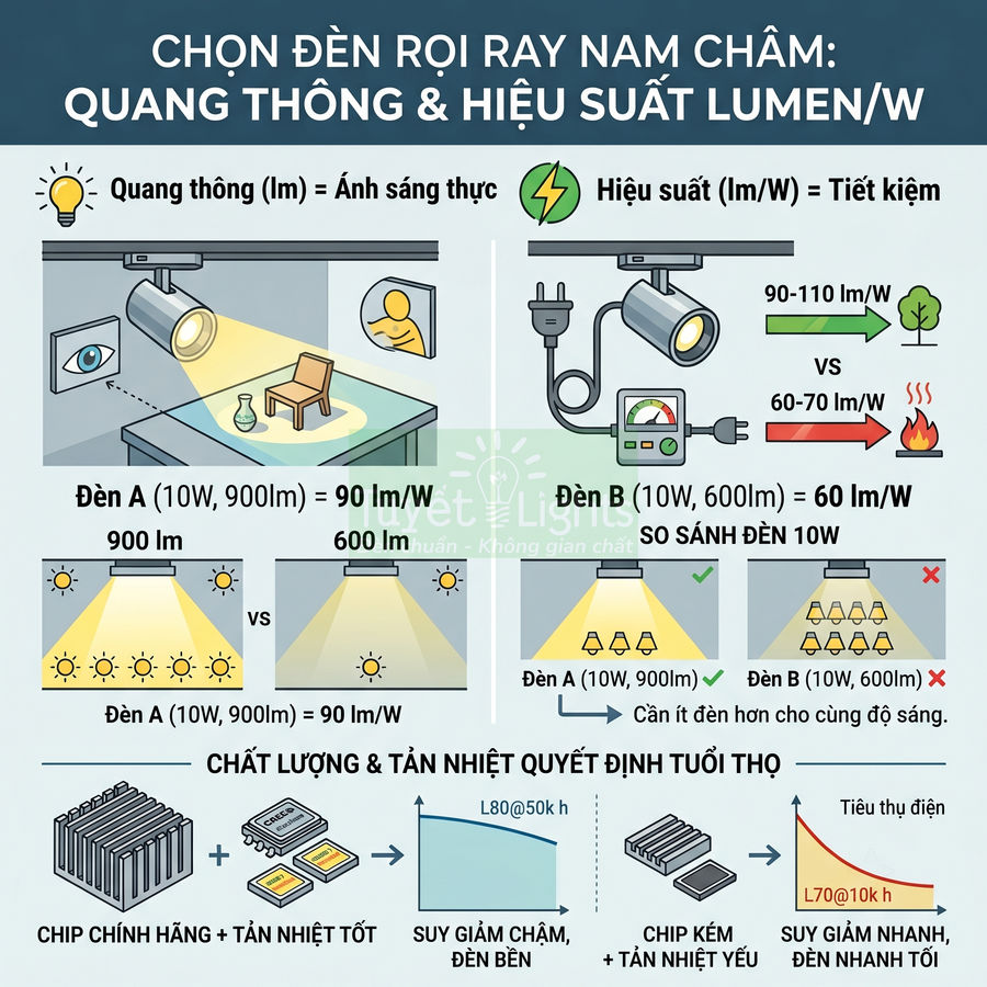 Infographic so sánh đèn rọi ray nam châm theo quang thông, hiệu suất lumen trên watt và chất lượng chip tản nhiệt