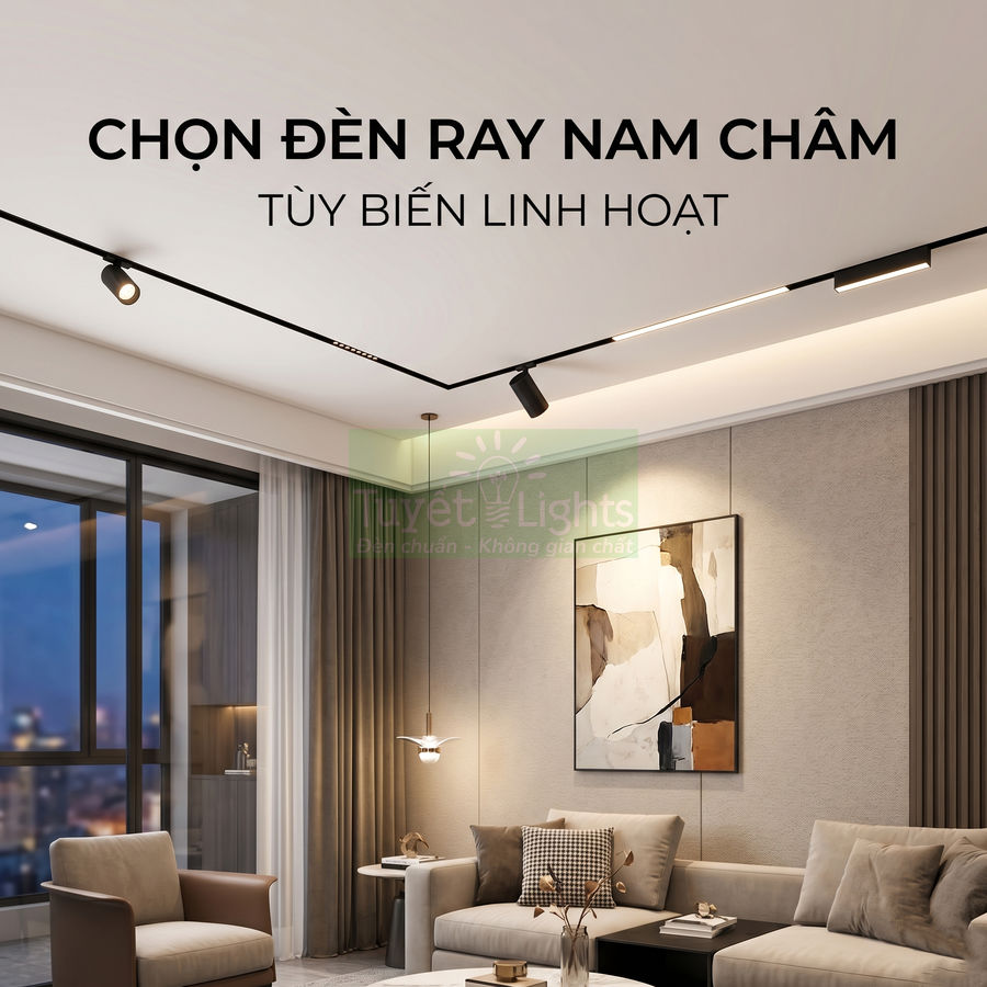 Đèn ray nam châm Tuyết Lights lắp trần phòng khách hiện đại, ánh sáng chiếu tranh và khu vực tiếp khách