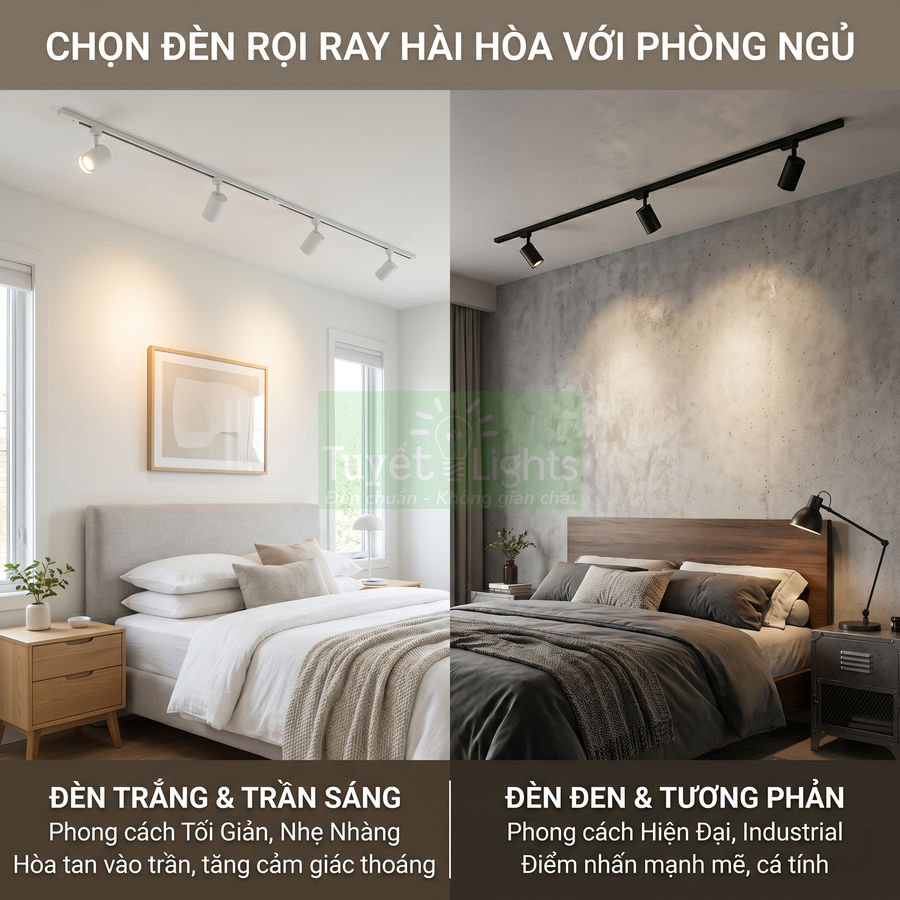 Đèn rọi ray trắng và đen lắp trần cho phòng ngủ hiện đại, so sánh phong cách tối giản và industrial