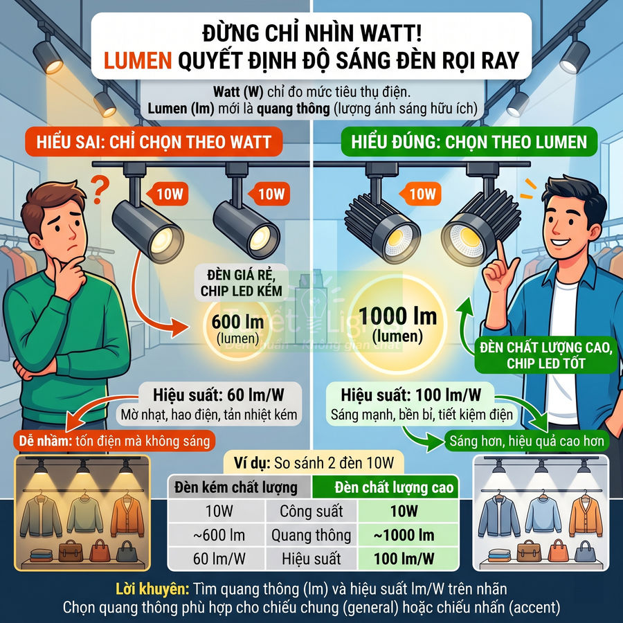 So sánh đèn rọi ray LED 10W giá rẻ 600 lumen và đèn chất lượng cao 1000 lumen, nhấn mạnh chọn theo lumen