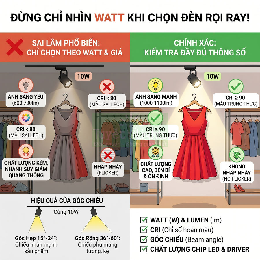 So sánh đèn rọi ray 10W ánh sáng yếu và mạnh, minh họa CRI, góc chiếu và chất lượng chip LED cho cửa hàng thời trang