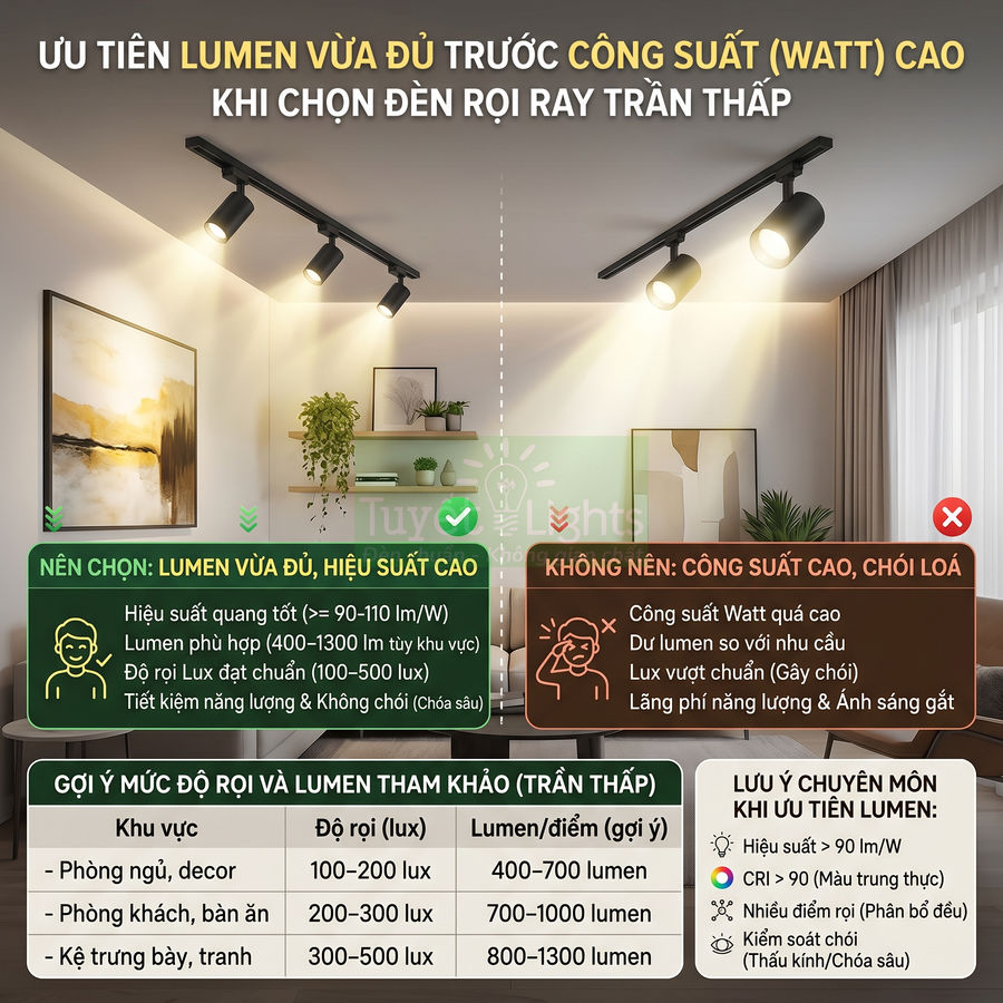 Đèn rọi ray trần thấp chiếu sáng phòng khách hiện đại, so sánh lựa chọn lumen vừa đủ và công suất cao gây chói