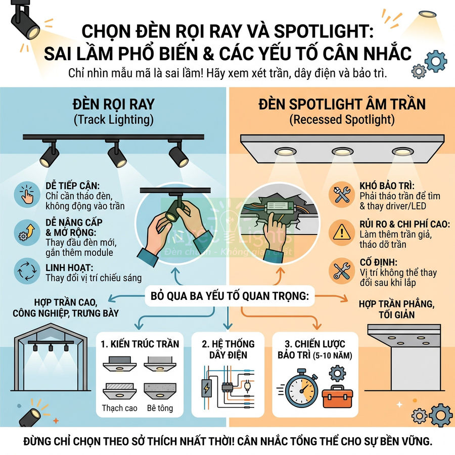 So sánh đèn rọi ray và đèn spotlight âm trần, ưu nhược điểm và yếu tố cần cân nhắc khi lựa chọn