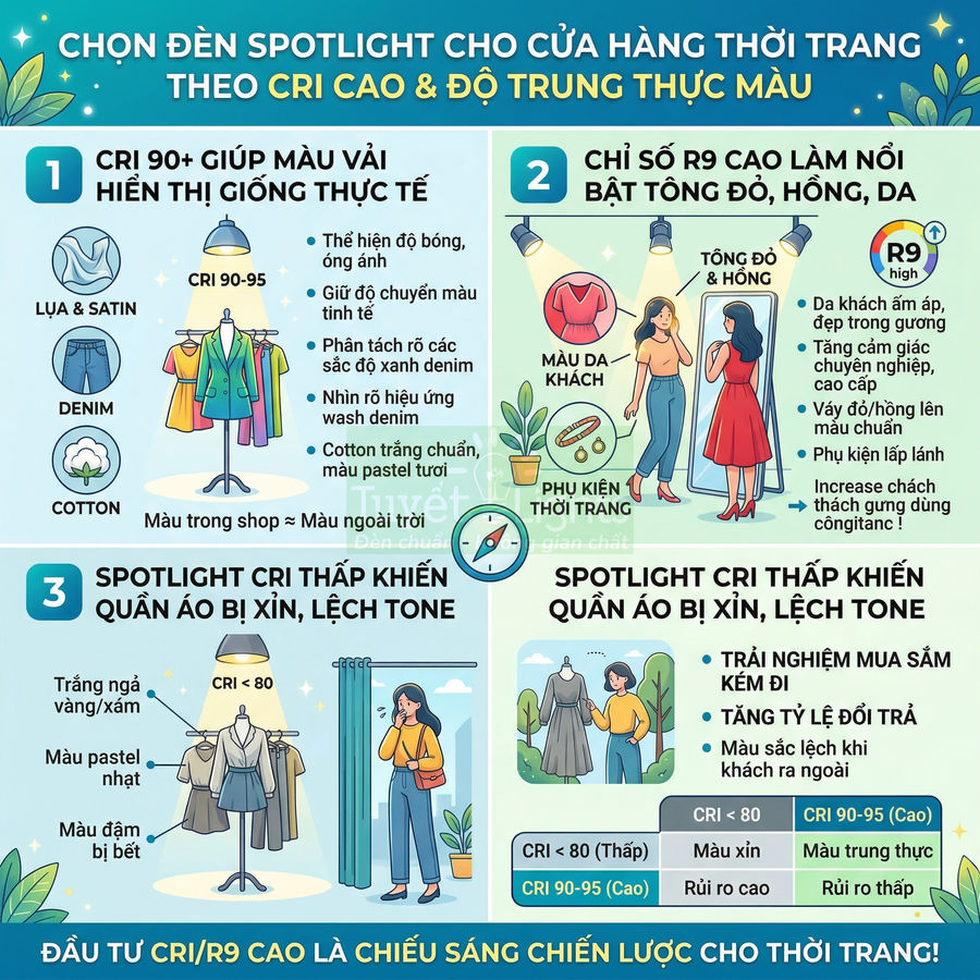 Infographic hướng dẫn chọn đèn spotlight CRI cao cho cửa hàng thời trang để hiển thị màu vải và quần áo trung thực