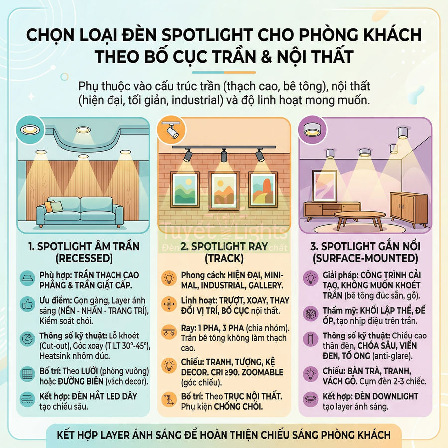 Infographic hướng dẫn chọn đèn spotlight âm trần, ray và gắn nổi cho phòng khách theo trần và nội thất
