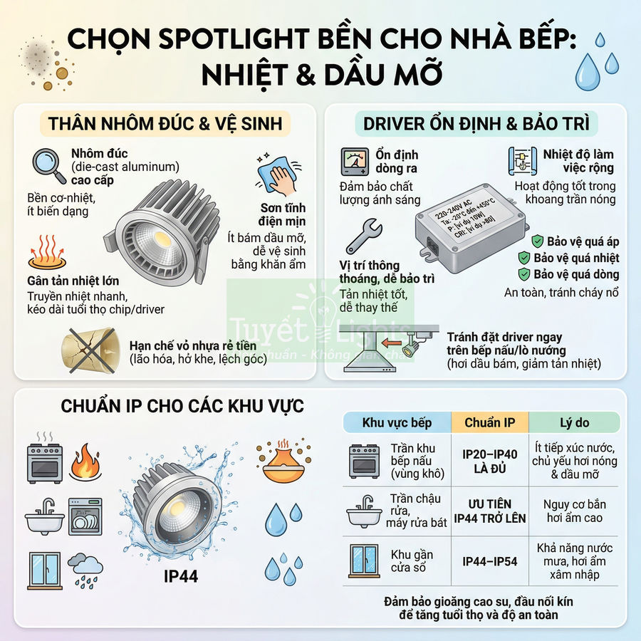 Hướng dẫn chọn đèn spotlight bền cho nhà bếp chịu nhiệt và dầu mỡ, thân nhôm đúc, driver ổn định, chuẩn chống nước IP44