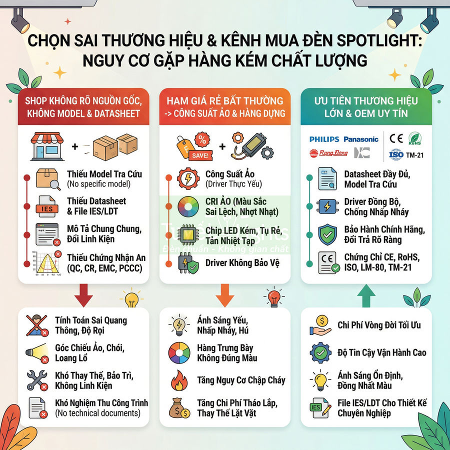 Infographic so sánh rủi ro mua đèn spotlight kém chất lượng với ưu điểm chọn thương hiệu Philips, Panasonic, Rạng Đông