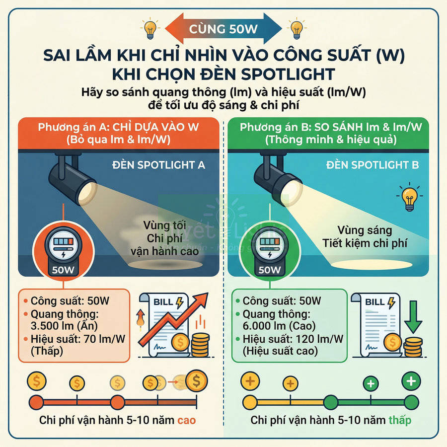 Infographic so sánh hai đèn spotlight 50W về quang thông, hiệu suất và chi phí vận hành