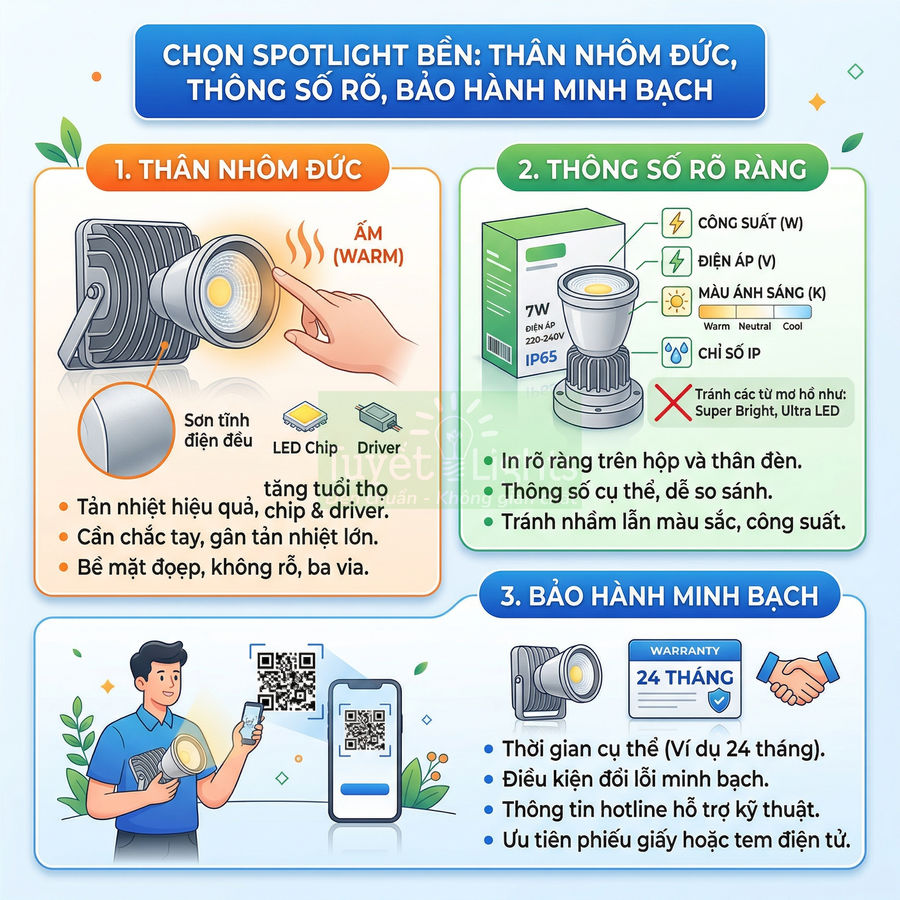 Hướng dẫn chọn đèn spotlight thân nhôm đúc, thông số rõ ràng và bảo hành minh bạch