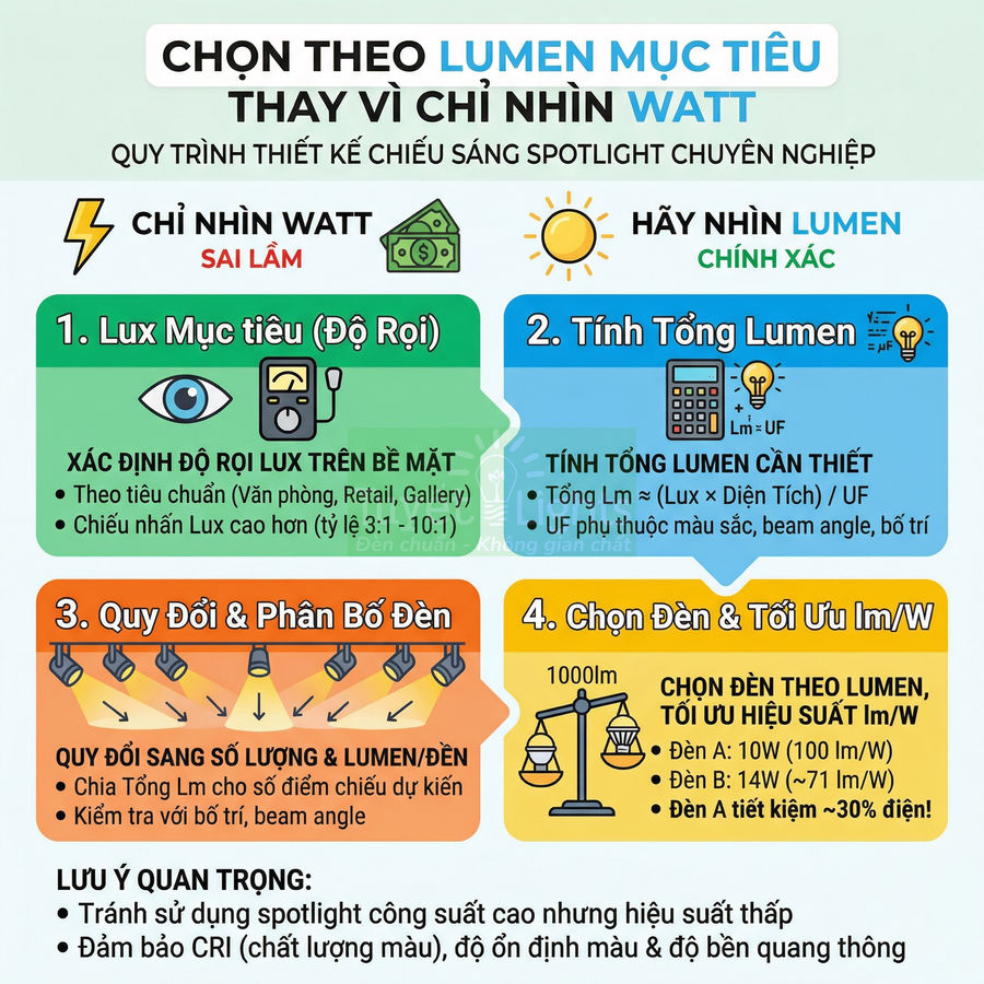 Infographic hướng dẫn chọn đèn spotlight theo lumen mục tiêu thay vì chỉ nhìn watt để thiết kế chiếu sáng chuyên nghiệp