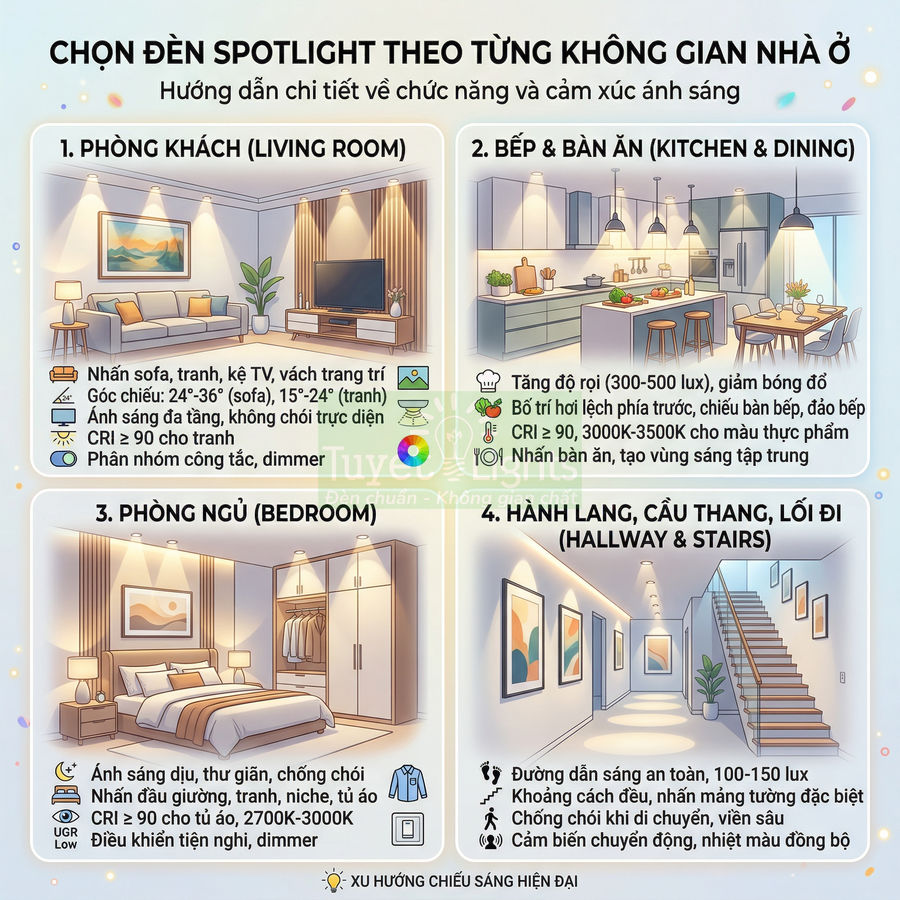 Hướng dẫn chọn đèn spotlight cho phòng khách, bếp, phòng ngủ và hành lang trong nhà ở hiện đại