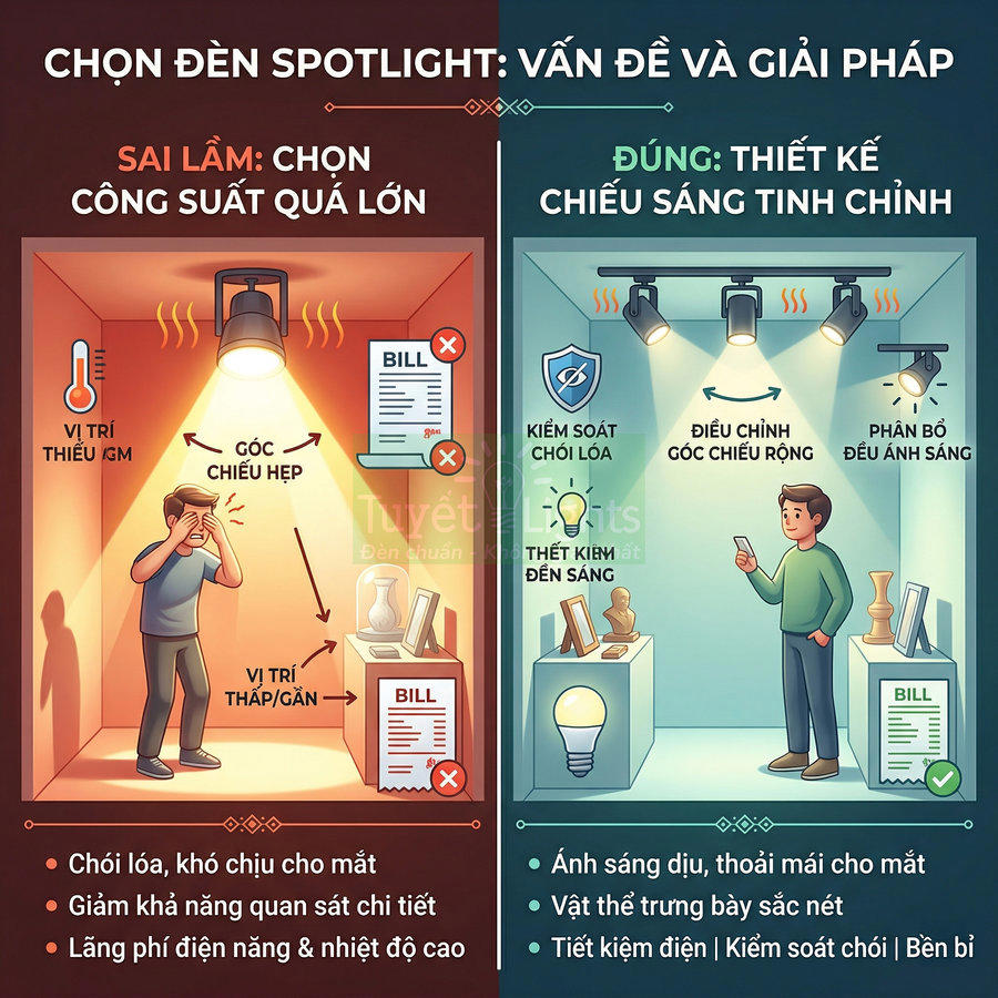 So sánh cách chọn đèn spotlight công suất lớn sai lầm và hệ thống đèn spotlight chiếu sáng tinh chỉnh tiết kiệm điện
