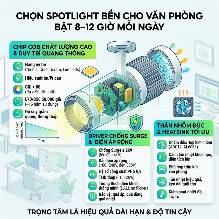 Đèn spotlight LED văn phòng chip COB, thân nhôm đúc tản nhiệt lớn, driver chống surge dùng 8 đến 12 giờ mỗi ngày