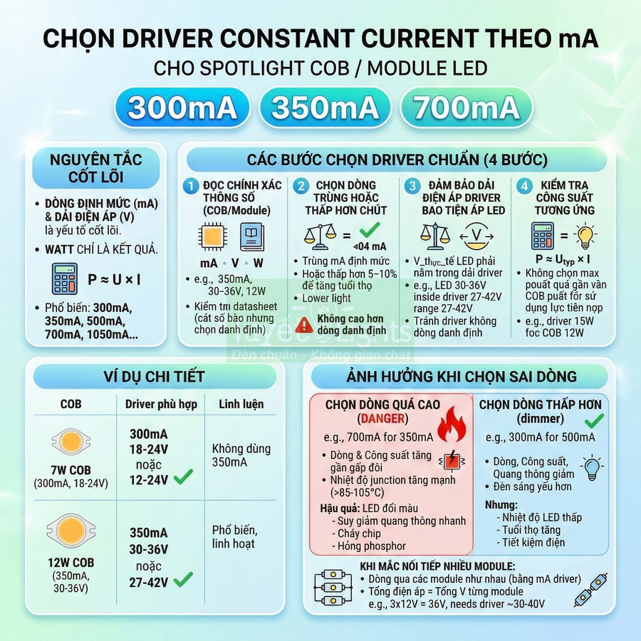 Hướng dẫn chọn driver dòng không đổi cho spotlight COB và module LED với ví dụ 7W, 12W và các mức 300mA, 350mA, 700mA
