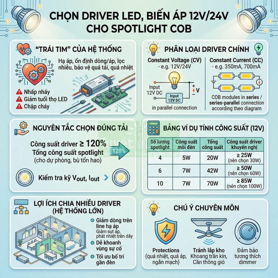 Hướng dẫn chọn driver LED và biến áp 12V 24V cho hệ thống đèn spotlight COB trong nhà