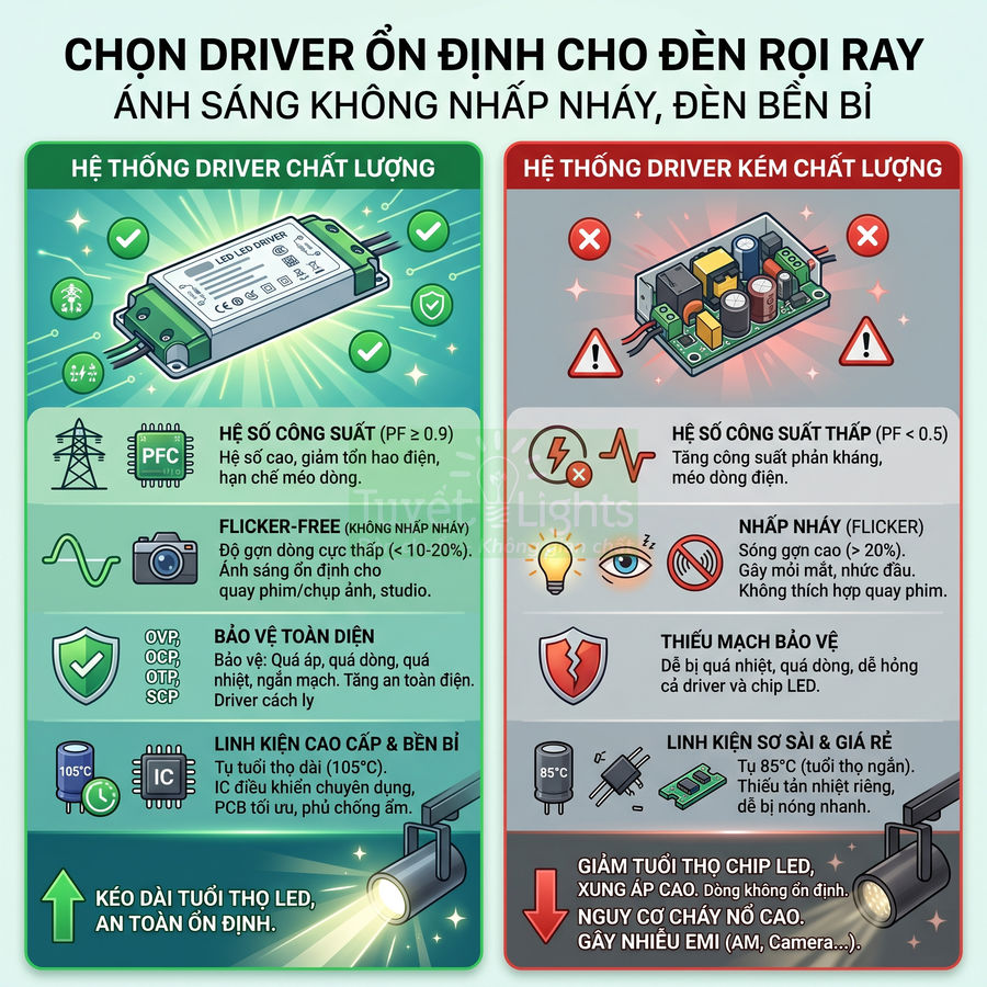 So sánh driver LED chất lượng và kém chất lượng cho đèn rọi ray, nhấn mạnh ưu điểm driver tốt chống nhấp nháy