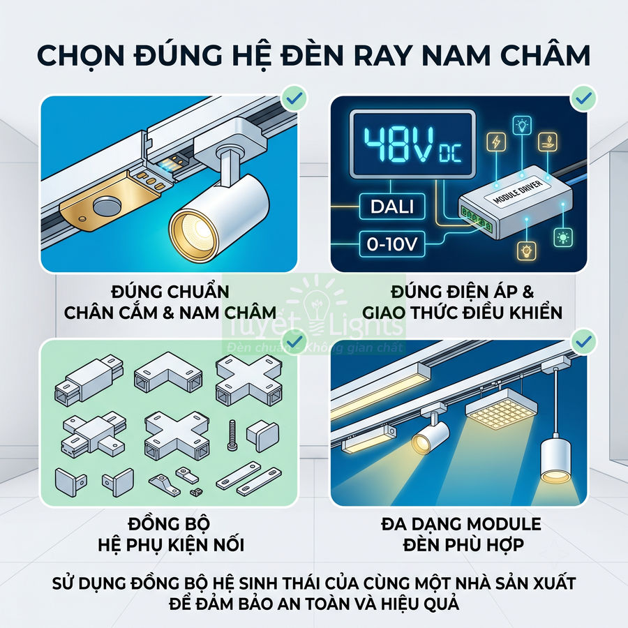 Hướng dẫn chọn hệ đèn ray nam châm với chân cắm, phụ kiện nối và module đèn chiếu sáng đồng bộ