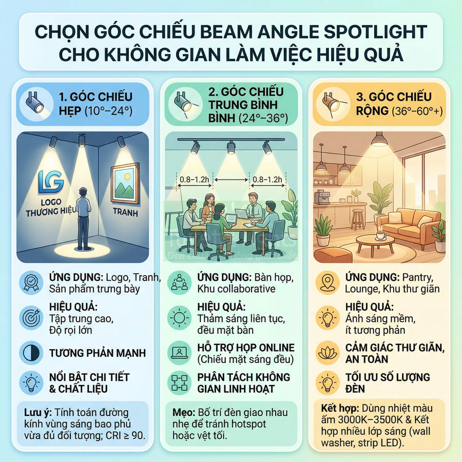 Infographic hướng dẫn chọn góc chiếu đèn spotlight beam angle cho các không gian làm việc khác nhau