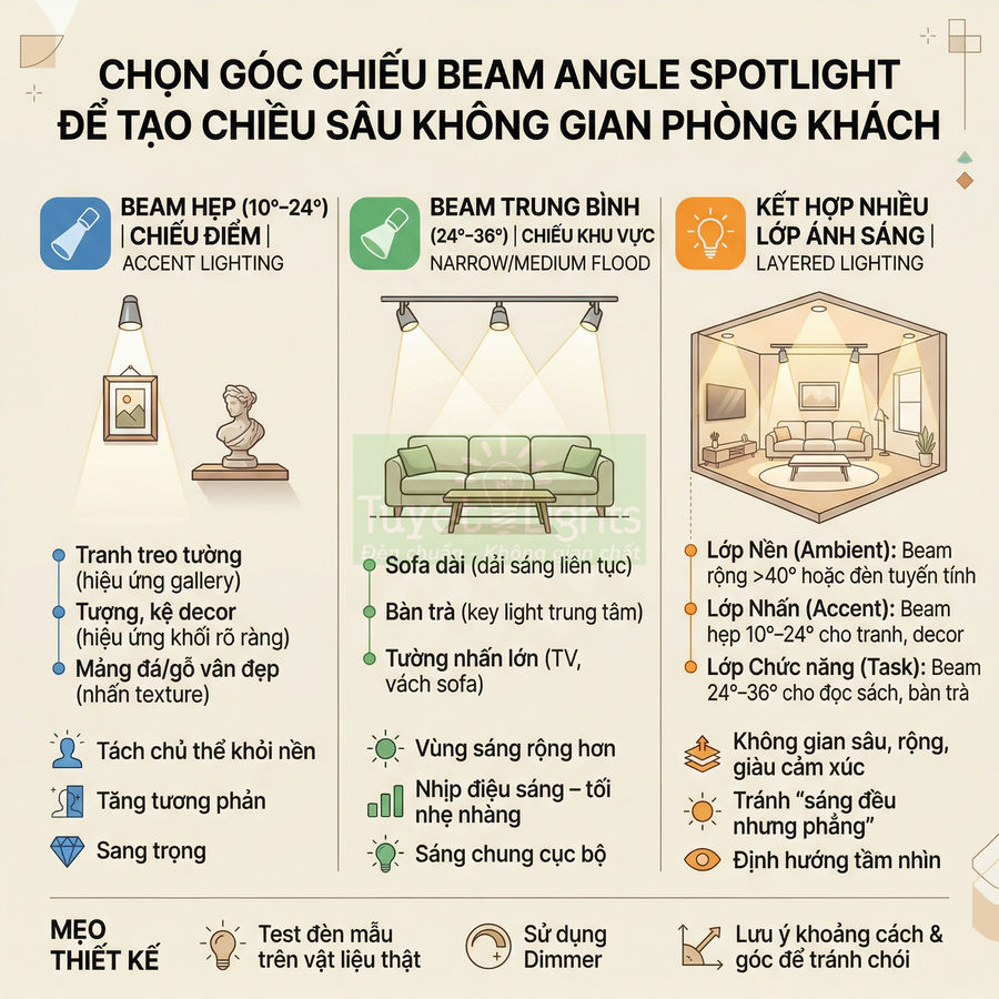 Infographic hướng dẫn chọn góc chiếu đèn spotlight beam angle để tạo chiều sâu ánh sáng cho phòng khách
