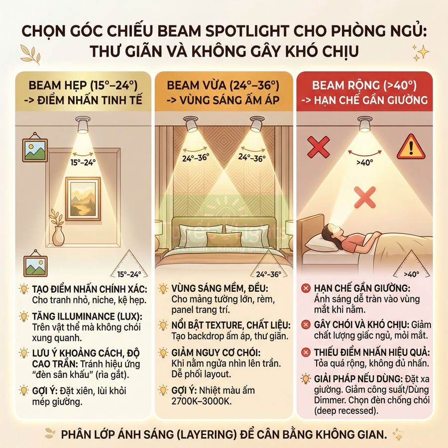 Infographic hướng dẫn chọn góc chiếu đèn spotlight beam cho phòng ngủ để tạo ánh sáng thư giãn, không gây chói mắt