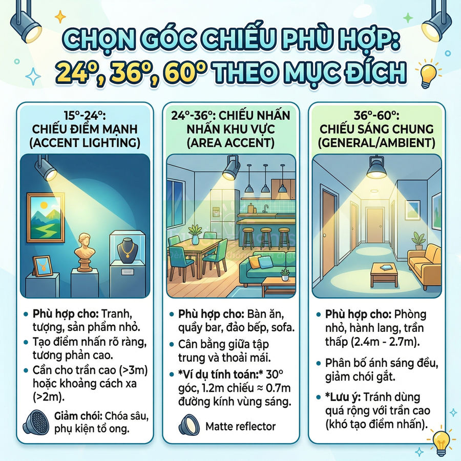 Hướng dẫn chọn góc chiếu đèn spotlight 24 36 60 độ cho tranh tượng bàn ăn phòng khách và hành lang