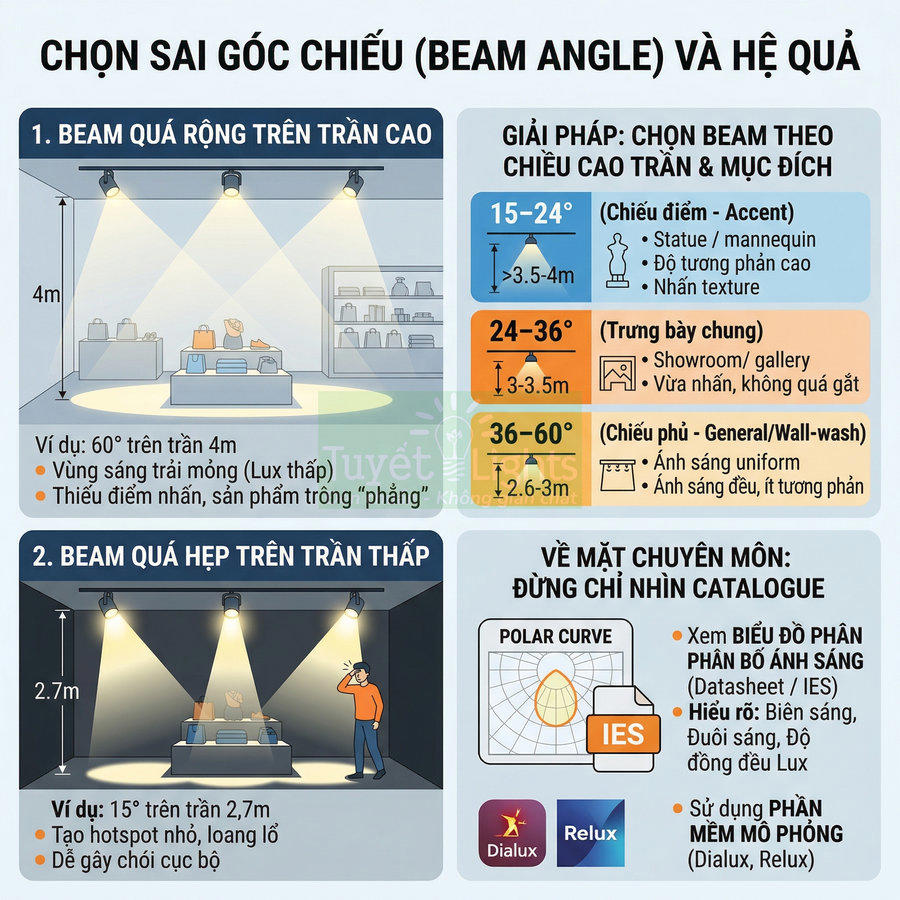 Hướng dẫn chọn góc chiếu đèn LED theo chiều cao trần và mục đích chiếu sáng showroom, tránh beam quá rộng hoặc quá hẹp