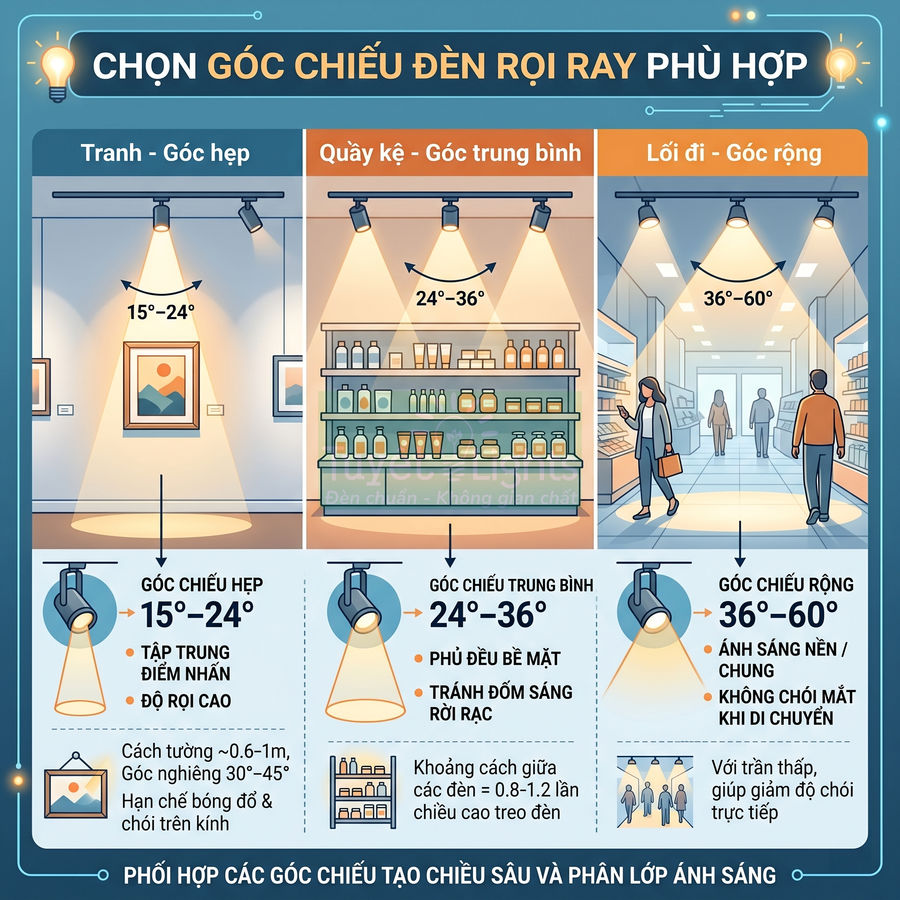 Hướng dẫn chọn góc chiếu đèn rọi ray cho tranh, quầy kệ và lối đi trong cửa hàng, minh họa ba loại góc chiếu
