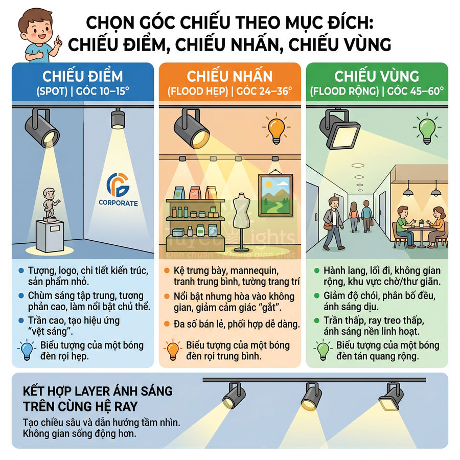 Minh họa các kiểu đèn chiếu điểm, chiếu nhấn, chiếu vùng và cách kết hợp ánh sáng trong không gian nội thất