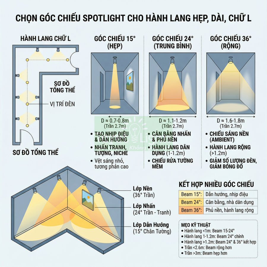 Hướng dẫn chọn góc chiếu đèn spotlight cho hành lang hẹp dài chữ L với các mức 15 24 và 36 độ