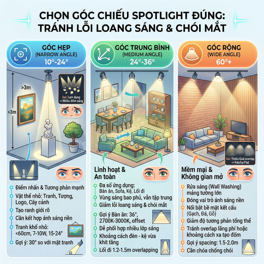Hướng dẫn chọn góc chiếu đèn spotlight hẹp trung bình rộng để tránh loang sáng và chói mắt trong phòng khách