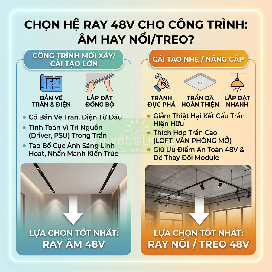 So sánh hệ ray đèn 48V âm trần và ray nổi treo 48V cho công trình mới xây và cải tạo nâng cấp