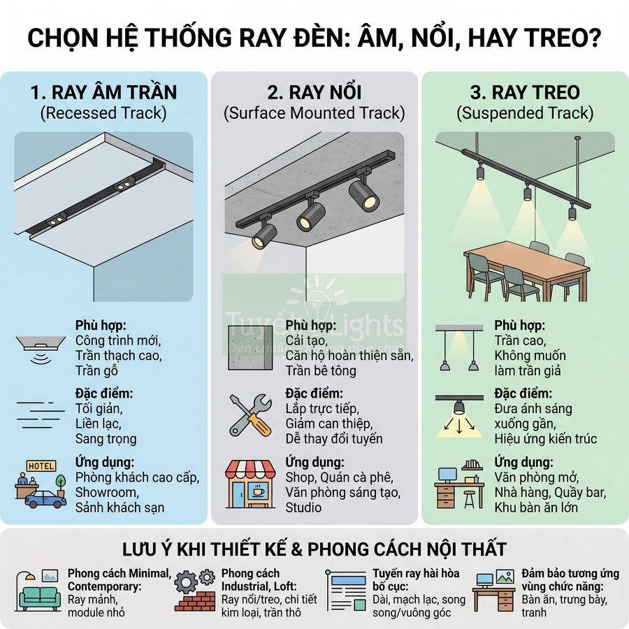 So sánh các loại ray đèn âm trần, ray nổi và ray treo cho thiết kế chiếu sáng nội thất
