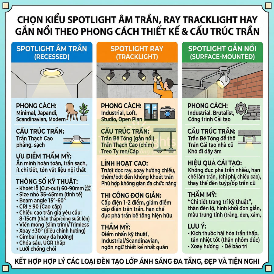 Bảng so sánh các loại đèn spotlight âm trần, ray tracklight và spotlight gắn nổi theo phong cách thiết kế trần