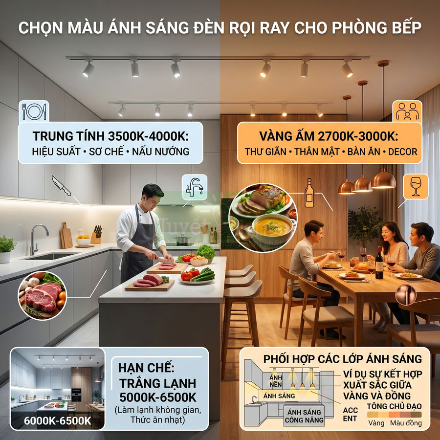 Đèn rọi ray phòng bếp với các tông màu ánh sáng trung tính và vàng ấm cho khu vực nấu nướng và bàn ăn