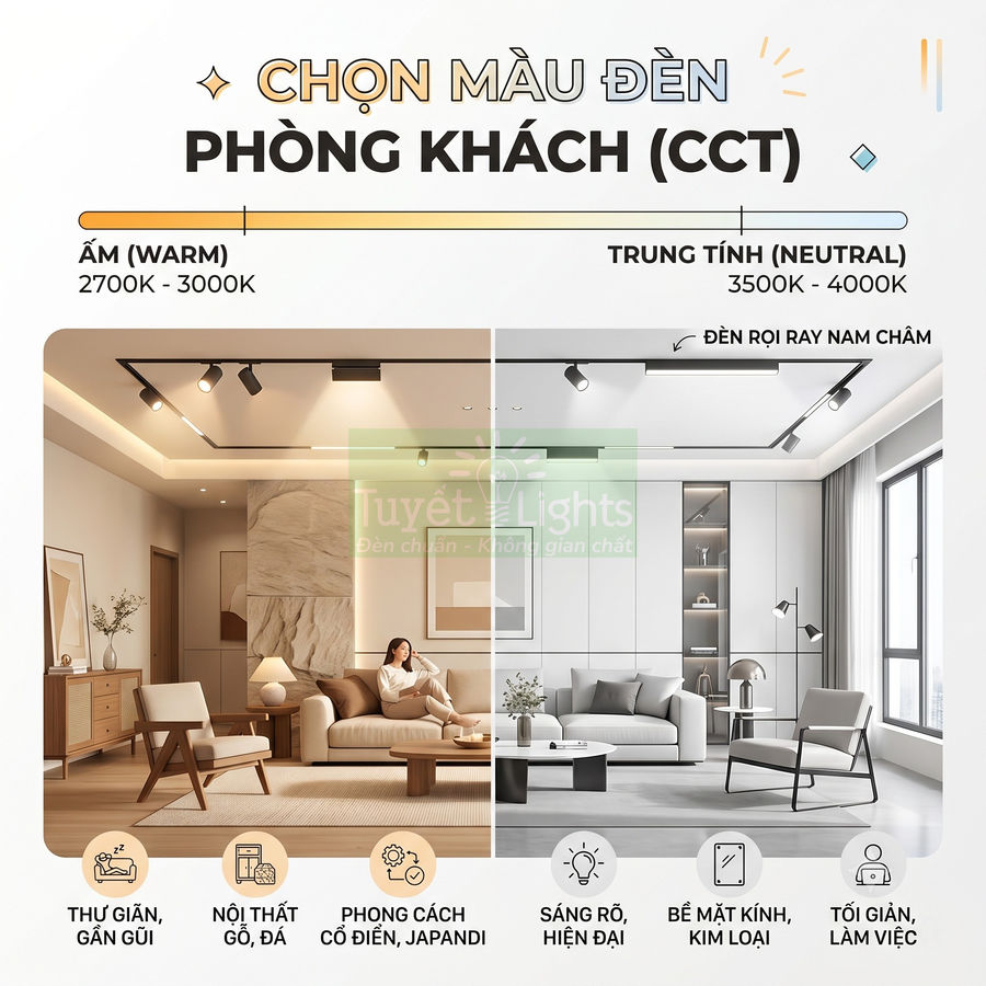 Đèn rọi ray nam châm Tuyết Lights cho phòng khách với hai tông màu ánh sáng ấm và trung tính