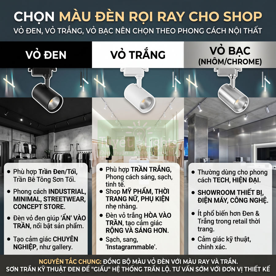 Đèn rọi ray vỏ đen, vỏ trắng, vỏ bạc cho shop thời trang và showroom với các phong cách nội thất khác nhau