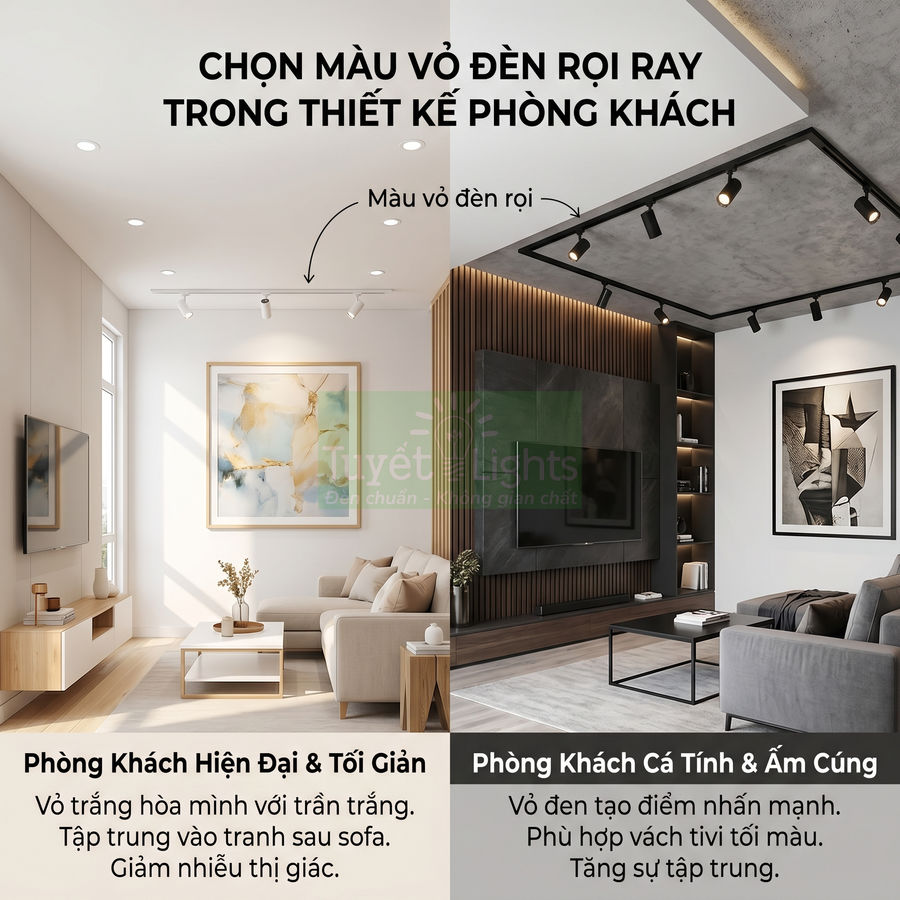 So sánh phòng khách dùng đèn rọi ray vỏ trắng tối giản và đèn rọi ray vỏ đen cá tính ấm cúng