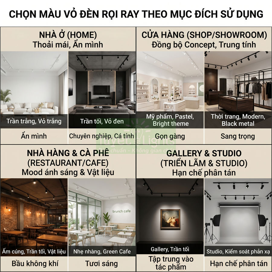 Bảng hướng dẫn chọn màu vỏ đèn rọi ray cho nhà ở, cửa hàng, nhà hàng, gallery và studio theo không gian sử dụng