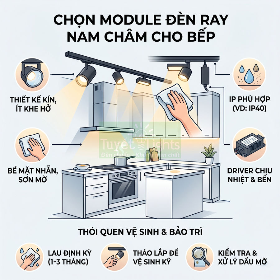 Đèn ray nam châm chiếu sáng bếp hiện đại, thiết kế kín dễ vệ sinh, driver bền chịu nhiệt