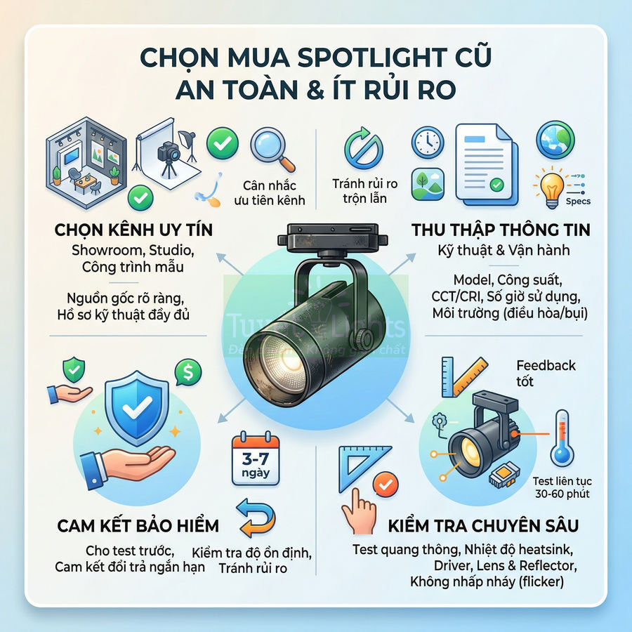 Hướng dẫn chọn mua đèn spotlight cũ an toàn ít rủi ro với các bước kiểm tra kỹ thuật và cam kết bảo hành