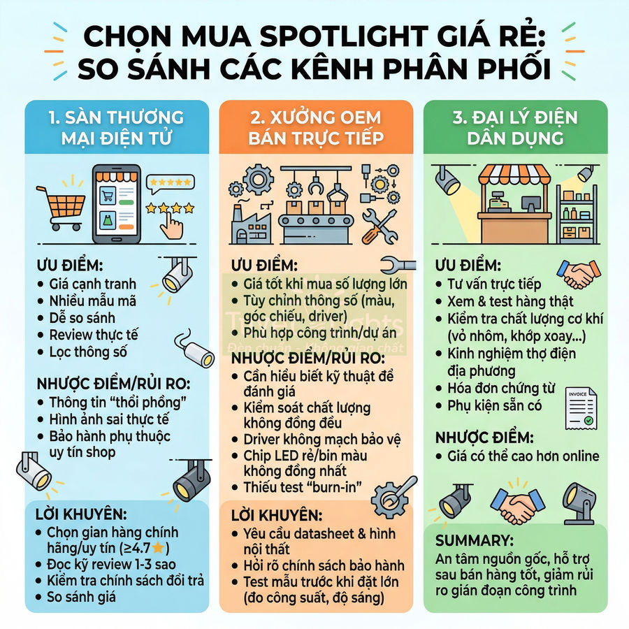 Infographic so sánh ưu nhược điểm mua đèn spotlight giá rẻ qua sàn thương mại điện tử, xưởng OEM và đại lý điện dân dụng