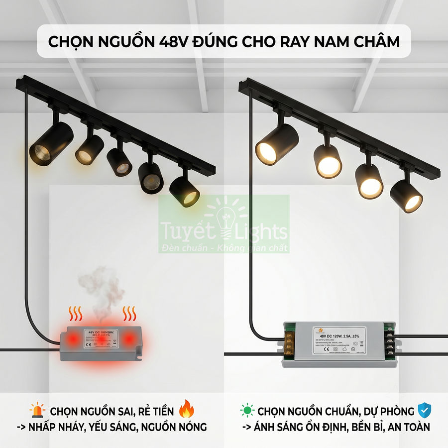 Đèn ray nam châm Tuyết Lights dùng nguồn 48V chuẩn cho ánh sáng ổn định an toàn so với nguồn rẻ dễ hỏng