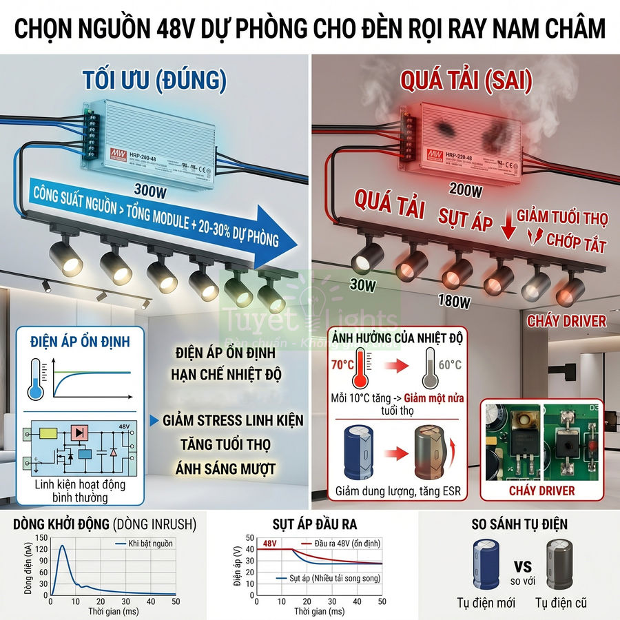 Hướng dẫn chọn nguồn 48V dự phòng cho đèn rọi ray nam châm, so sánh lắp đúng và quá tải gây cháy driver