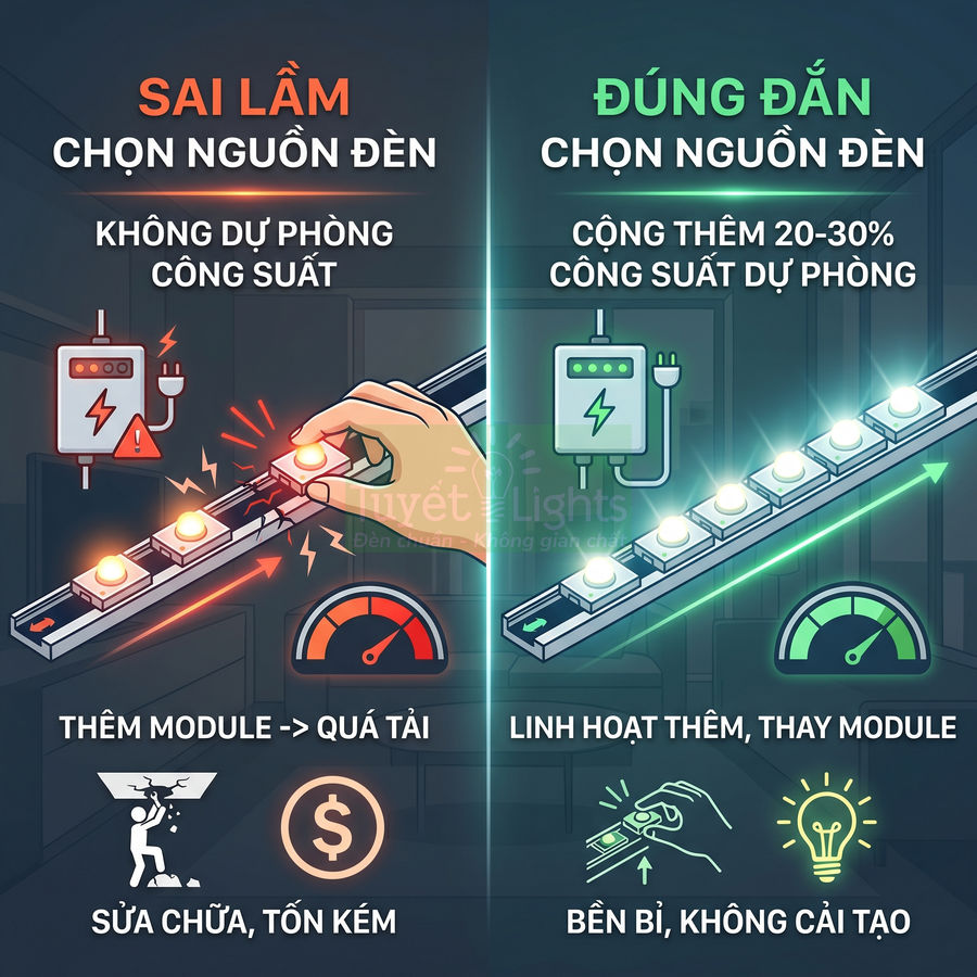 So sánh sai lầm và cách đúng khi chọn nguồn đèn LED module có dự phòng công suất, linh hoạt thay thế, bền bỉ