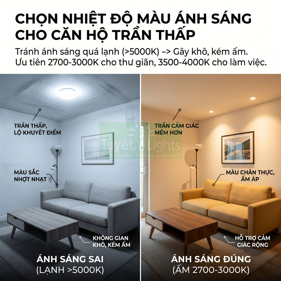 So sánh ánh sáng lạnh và ánh sáng vàng ấm 2700-3000K cho phòng khách trần thấp với sofa và đèn trần