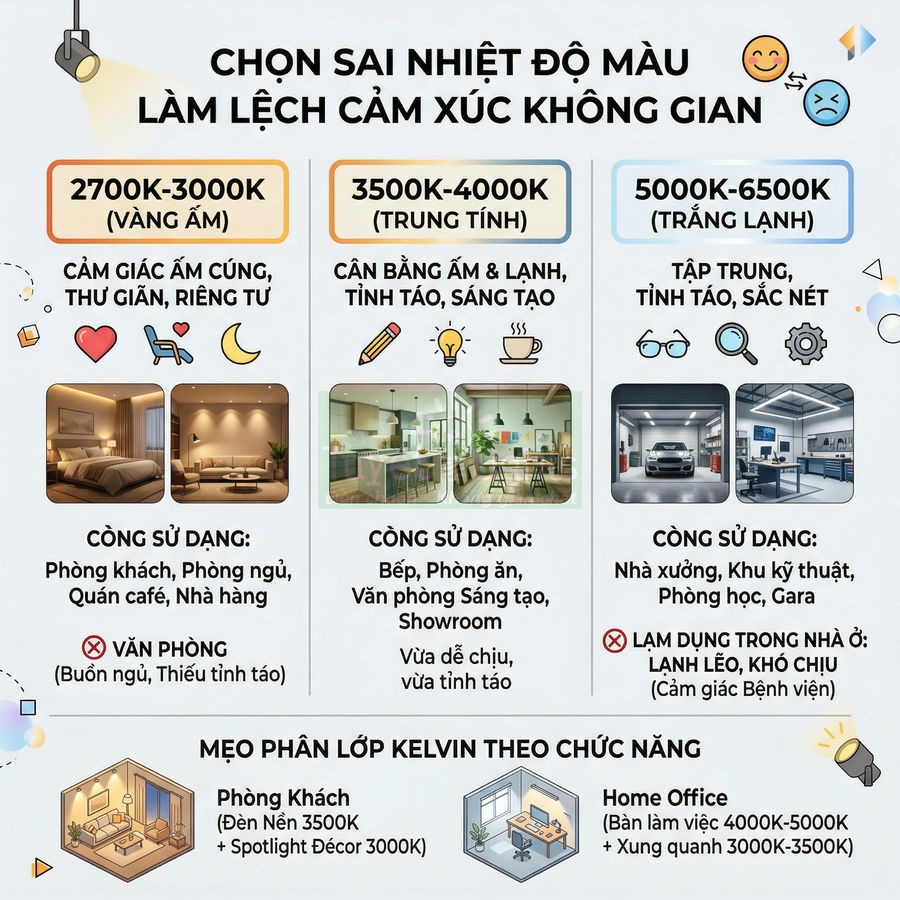 Infographic hướng dẫn chọn nhiệt độ màu đèn LED 2700K đến 6500K cho phòng khách, phòng ngủ, bếp và văn phòng
